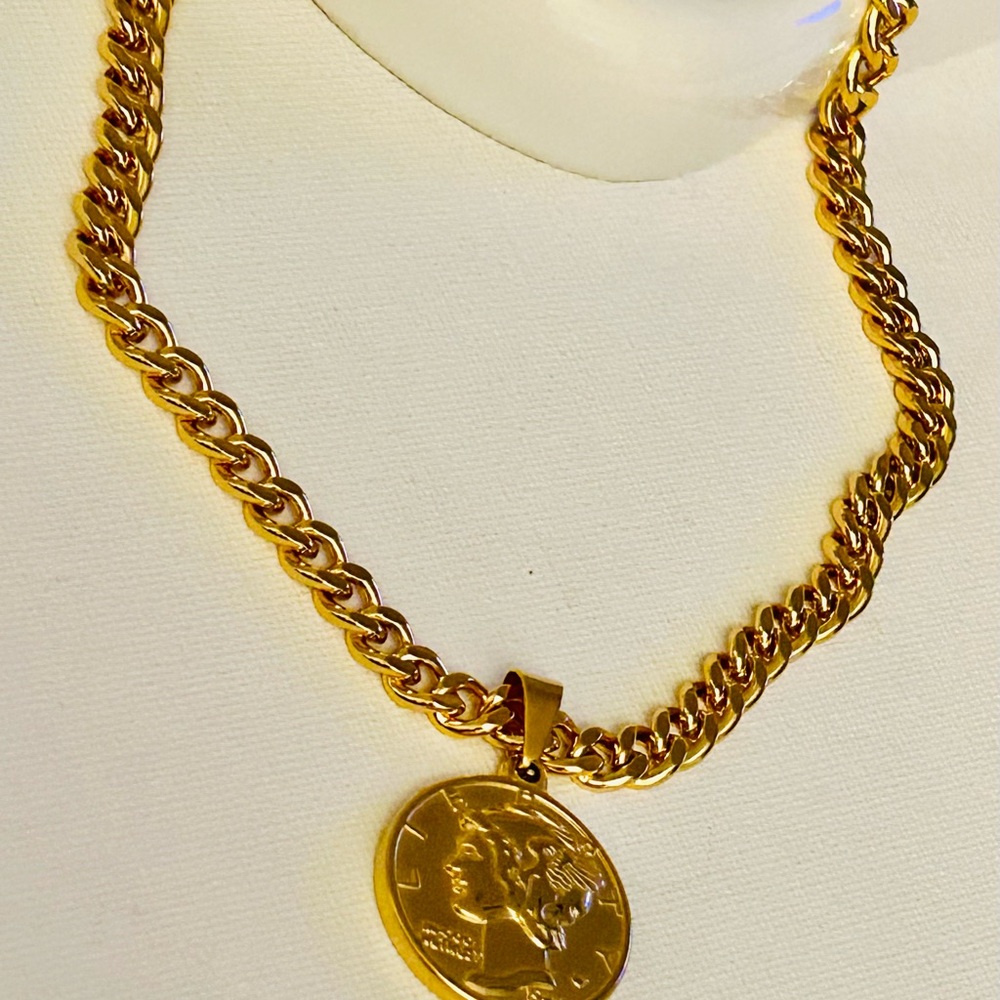 Gold Coin Pendant Necklace Stainless Steel - Picture 7 of 7